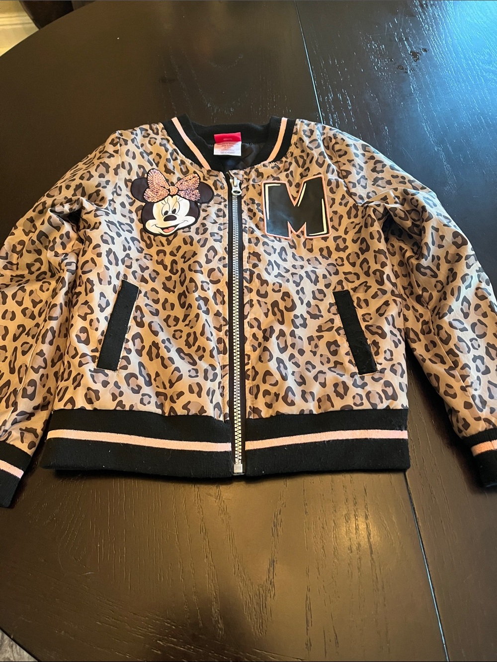 Disney Girls Leopard Print Minnie Bomber Jacket in Tan, Black, Pink